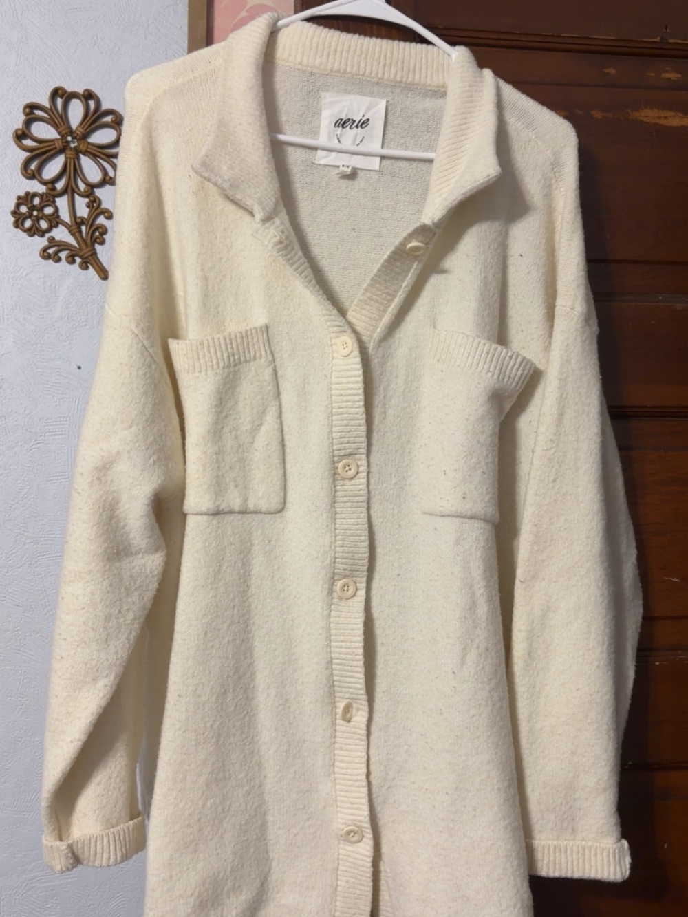 aerie Cream Button-Front Knit Cardigan With Pockets
